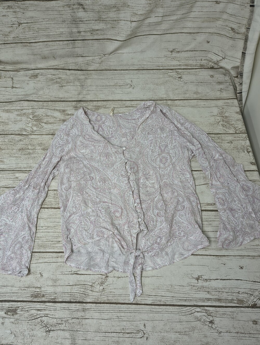 mystree Paisley Bell Sleeve Tie Front Light Pink Paisley Blouse Size Large